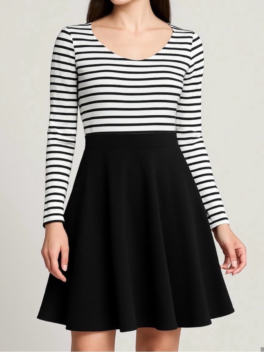 GUESS Black and White Striped Long Sleeve Fit and Flare Dress